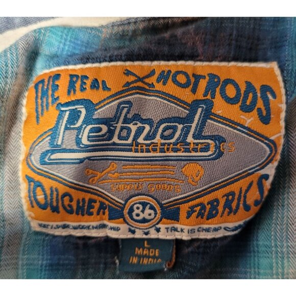 Petrol Industries Mens L Plaid Western Shirt Pearl Snap Blue Brown 100% Cotton - Picture 7 of 12